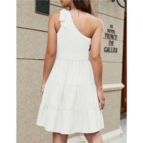 Summer Boho One Shoulder Smocked Tiered Ruffle A-line Mini Dress - Picture 2 of 6